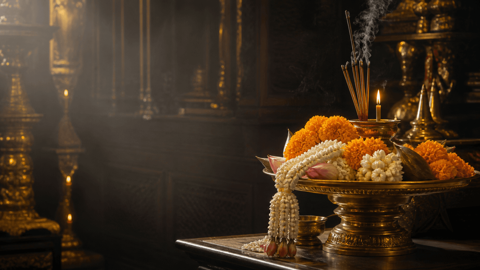 ภาพประกอบการเตรียมเครื่องถวายอย่างเป็นระเบียบ